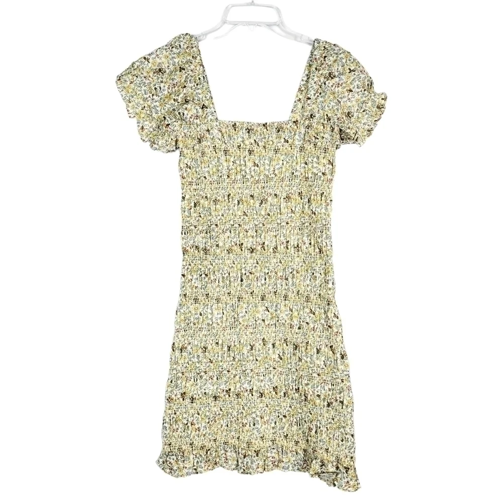STORIA smocked floral ruffle mini dress yellow NWT